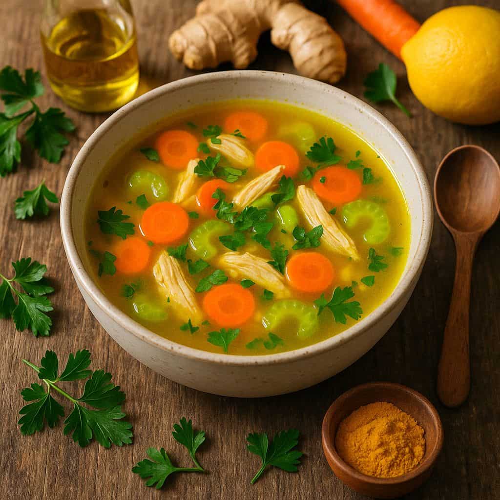 Kippenbouillon met gember en kurkuma