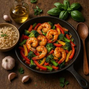 Knoflookgarnalen wok met zilvervliesrijst