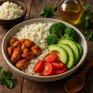 Koolhydraatarme bowl met bloemkoolrijst en kip