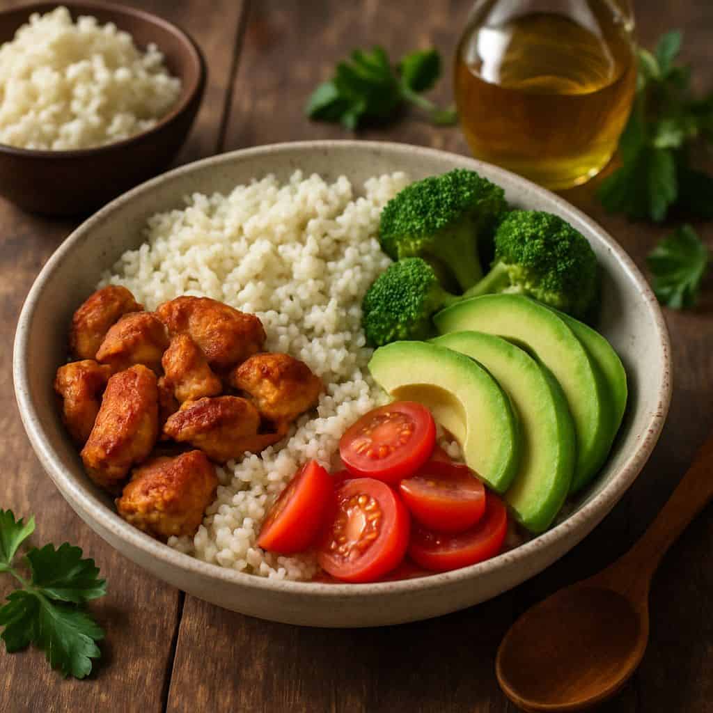 Koolhydraatarme bowl met bloemkoolrijst en kip