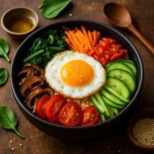 Koreaanse bibimbap bowl met ei