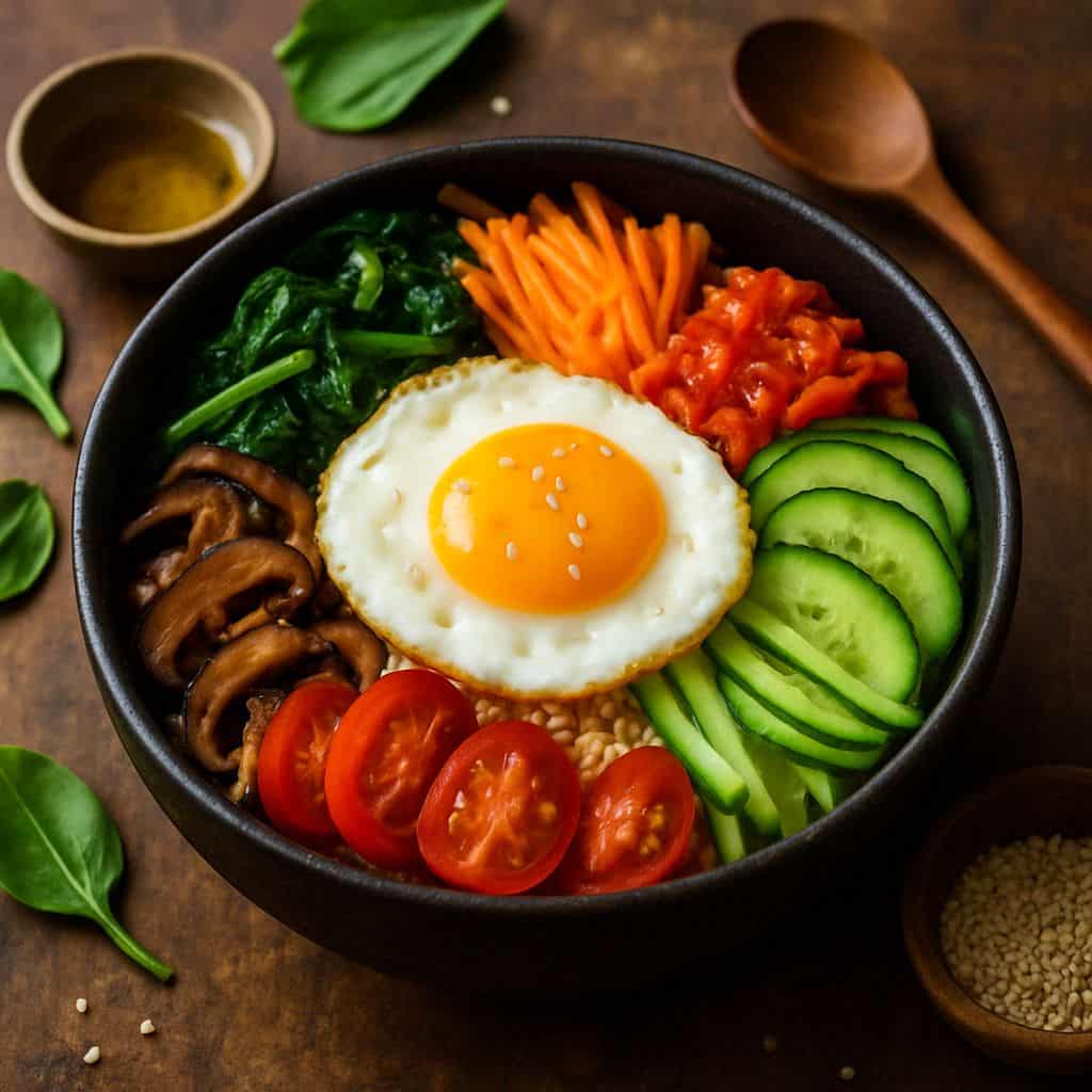 Koreaanse bibimbap bowl met ei