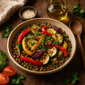 Linzensalade met gegrilde groenten