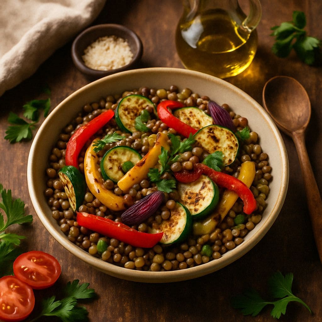 Linzensalade met gegrilde groenten