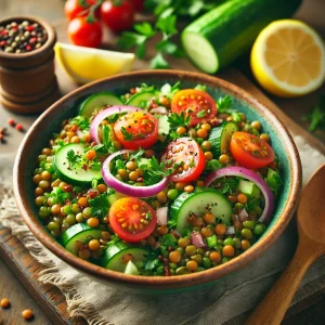 Linzensalade met komkommer en tomaat