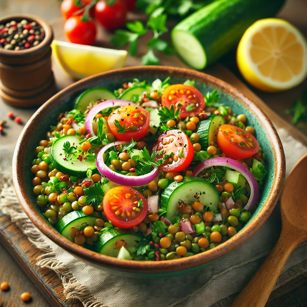 Linzensalade met komkommer en tomaat