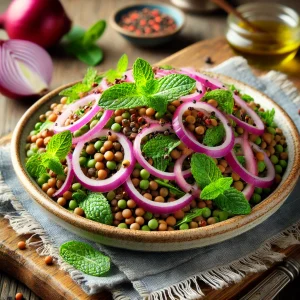 Linzensalade met rode ui en munt
