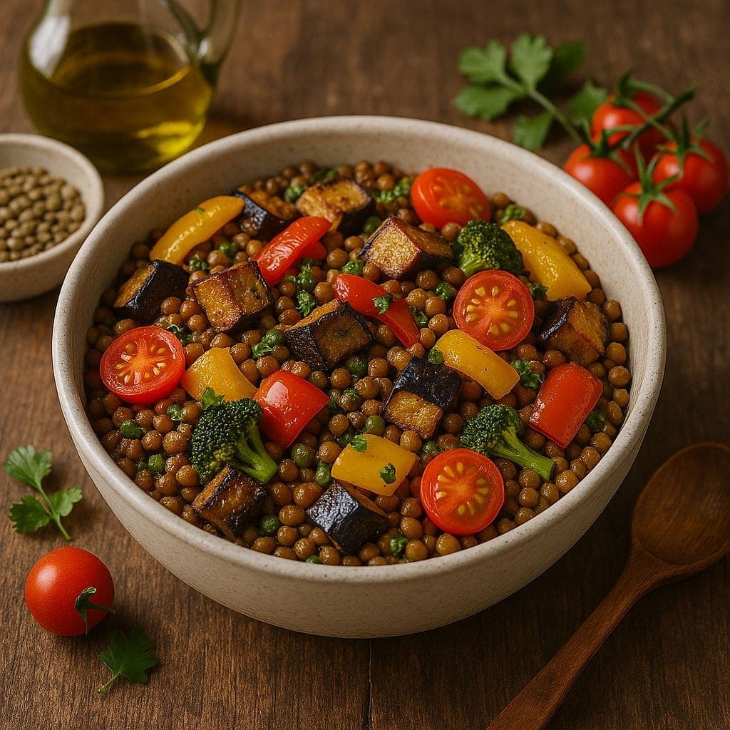 Linzenschotel met aubergine uit de oven