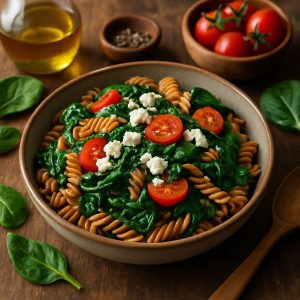 Linzenspirelli met spinazie en feta