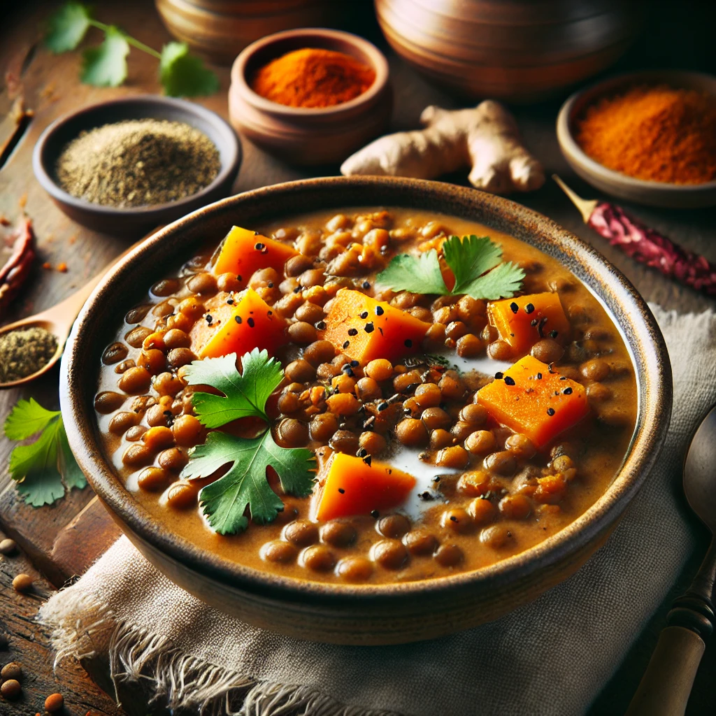 Linzenstoofpot met zoete aardappel en gember