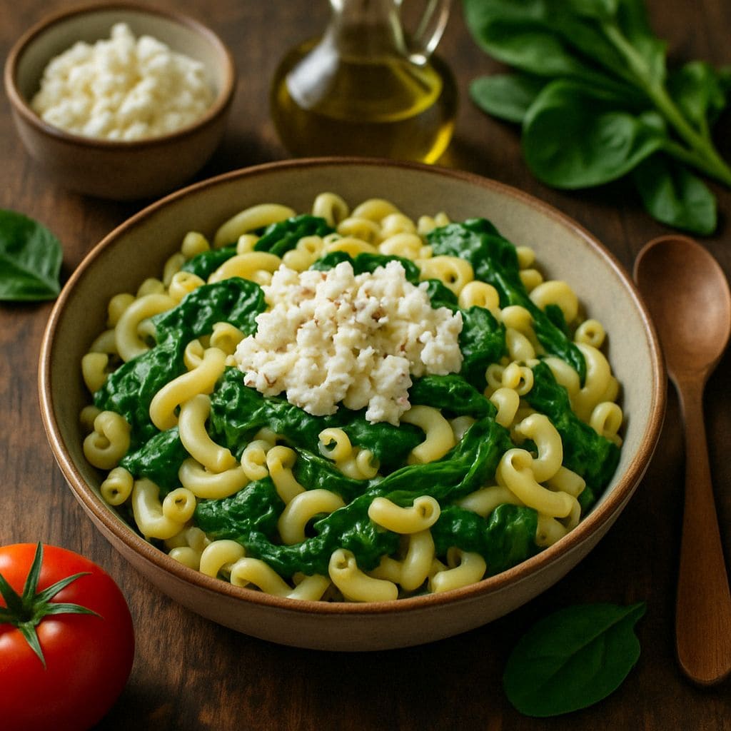 Macaroni met spinazie en cottage cheese