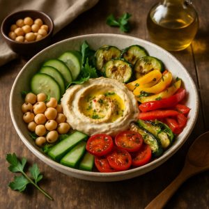 Mediterrane bowl met hummus en gegrilde groenten