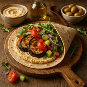 Mediterrane wrap met hummus en aubergine