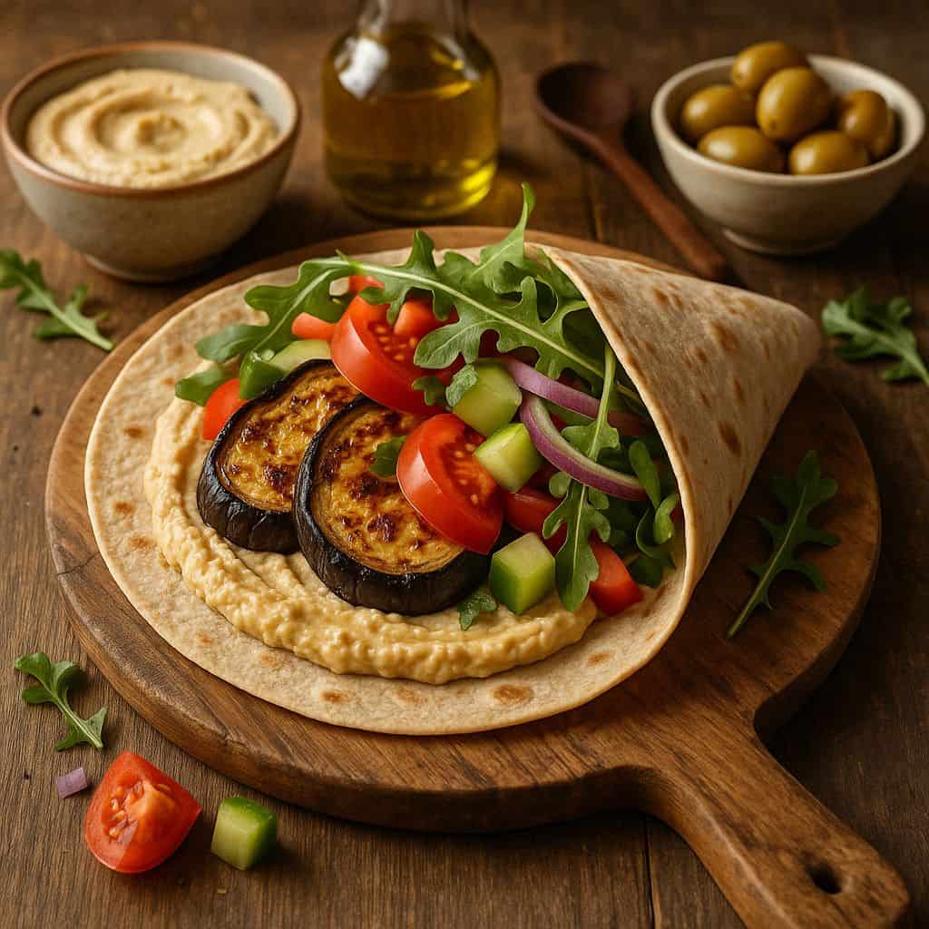 Mediterrane wrap met hummus en aubergine