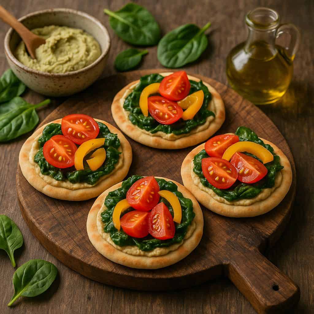 Mini pita pizza's met hummus en spinazie