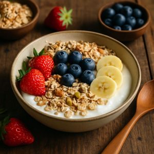 Muesli met magere kwark en fruit