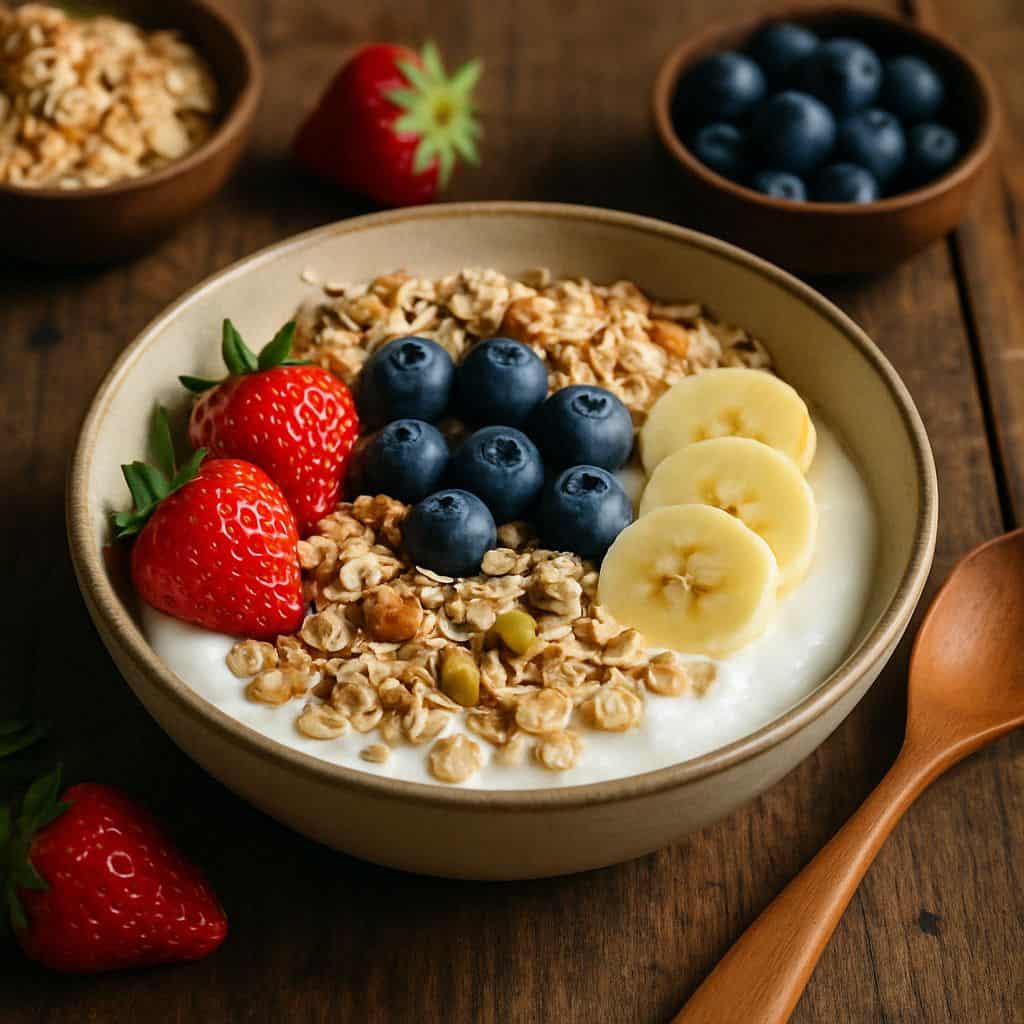 Muesli met magere kwark en fruit