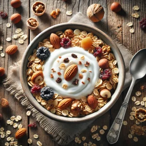 Muesli met ongezoete sojayoghurt en noten