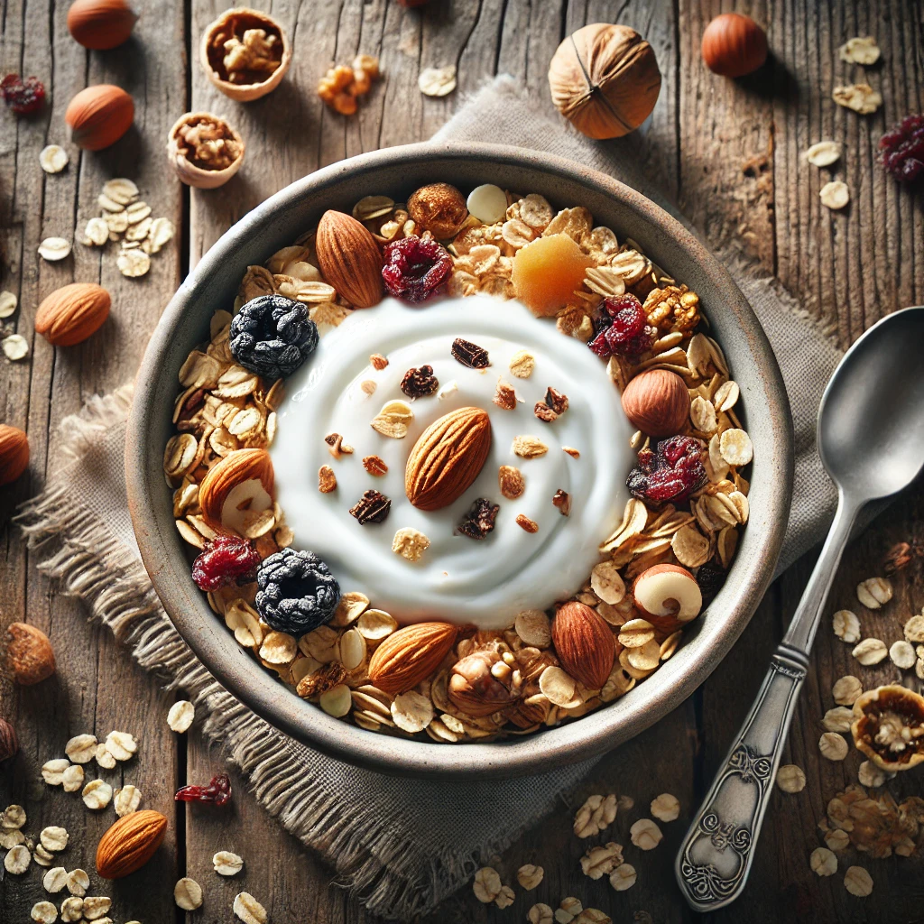 Muesli met ongezoete sojayoghurt en noten