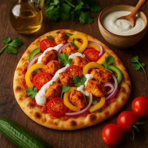 Naan pizza met kip tikka en yoghurt