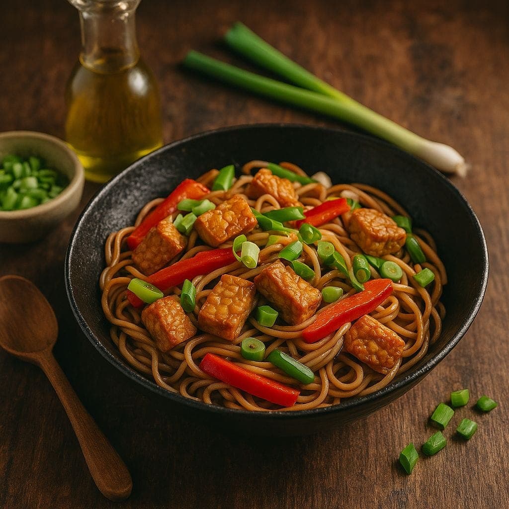 Noedelwok met tempeh en bosui