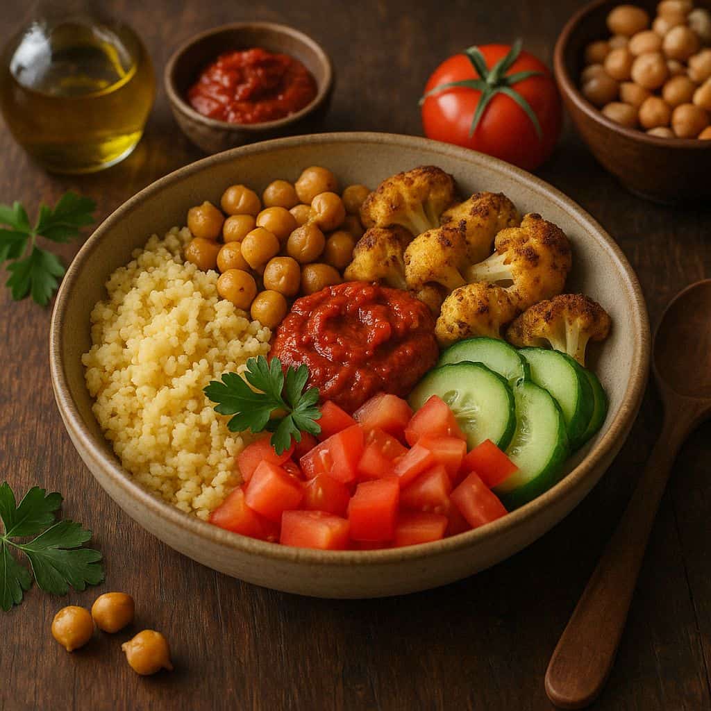 Noord-Afrikaanse bowl met harissa en couscous