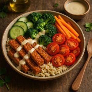 Oosterse bowl met tahin dressing en tempeh