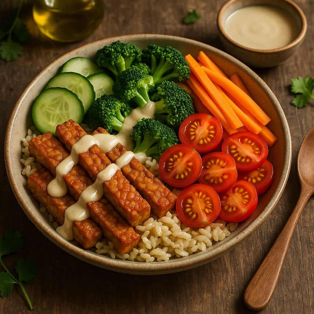 Oosterse bowl met tahin dressing en tempeh