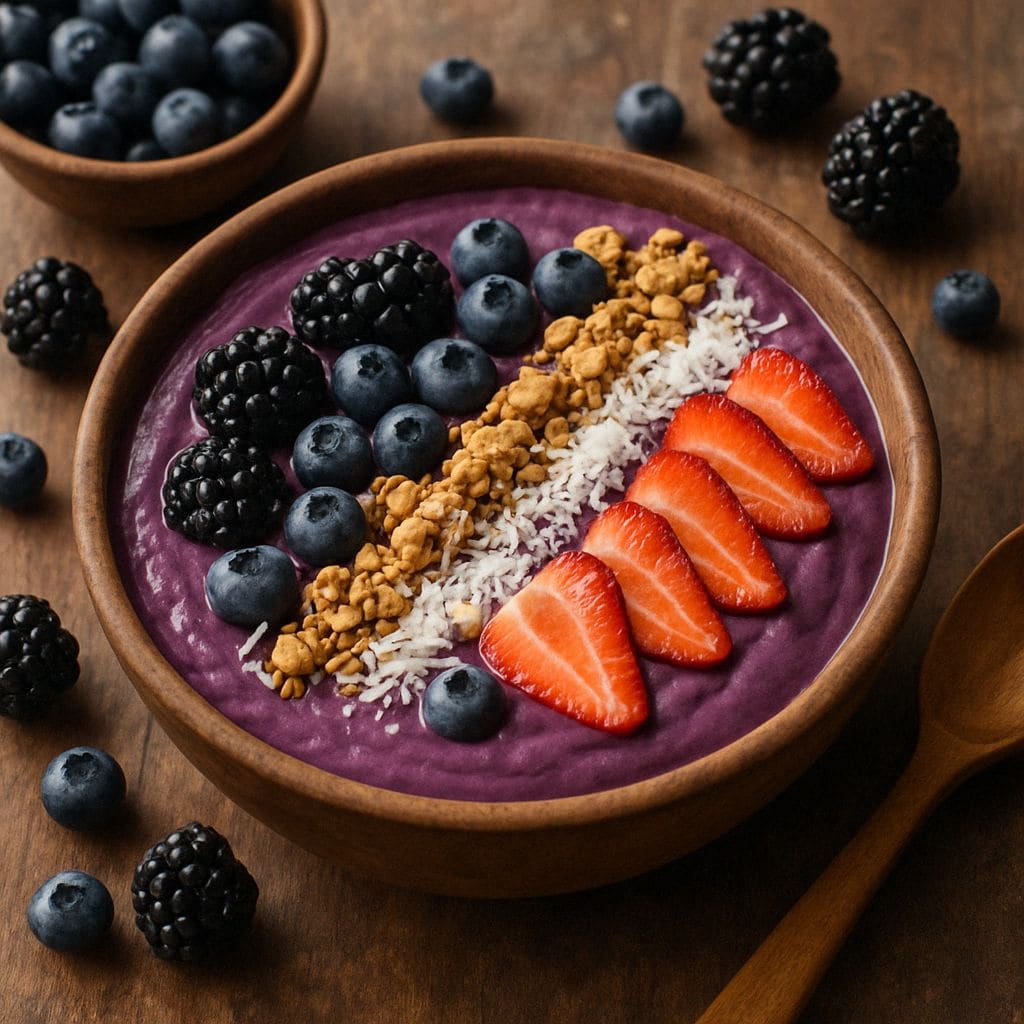 Paarse smoothie bowl met açai en bessen