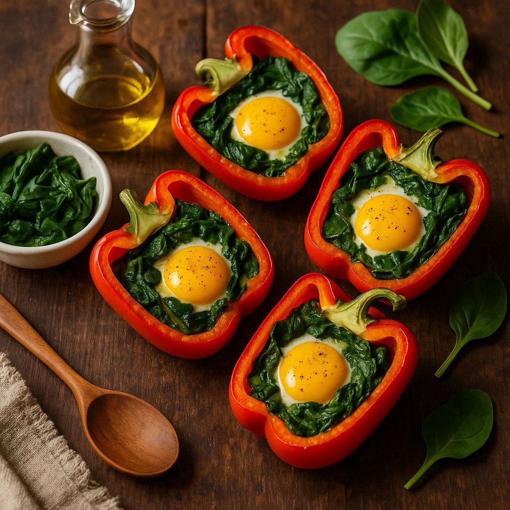 Paprika gevuld met ei en spinazie