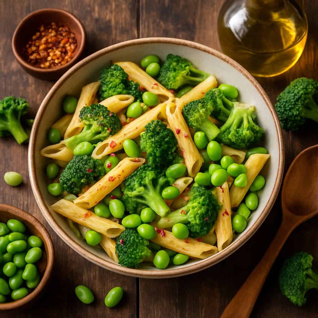 Pasta met broccoli en edamame