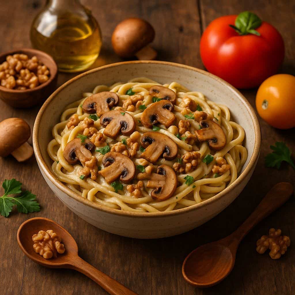Pasta met champignons en notenroom