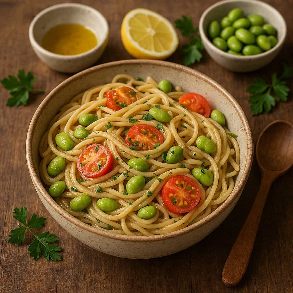 Pasta met edamame en tahin-citroensaus