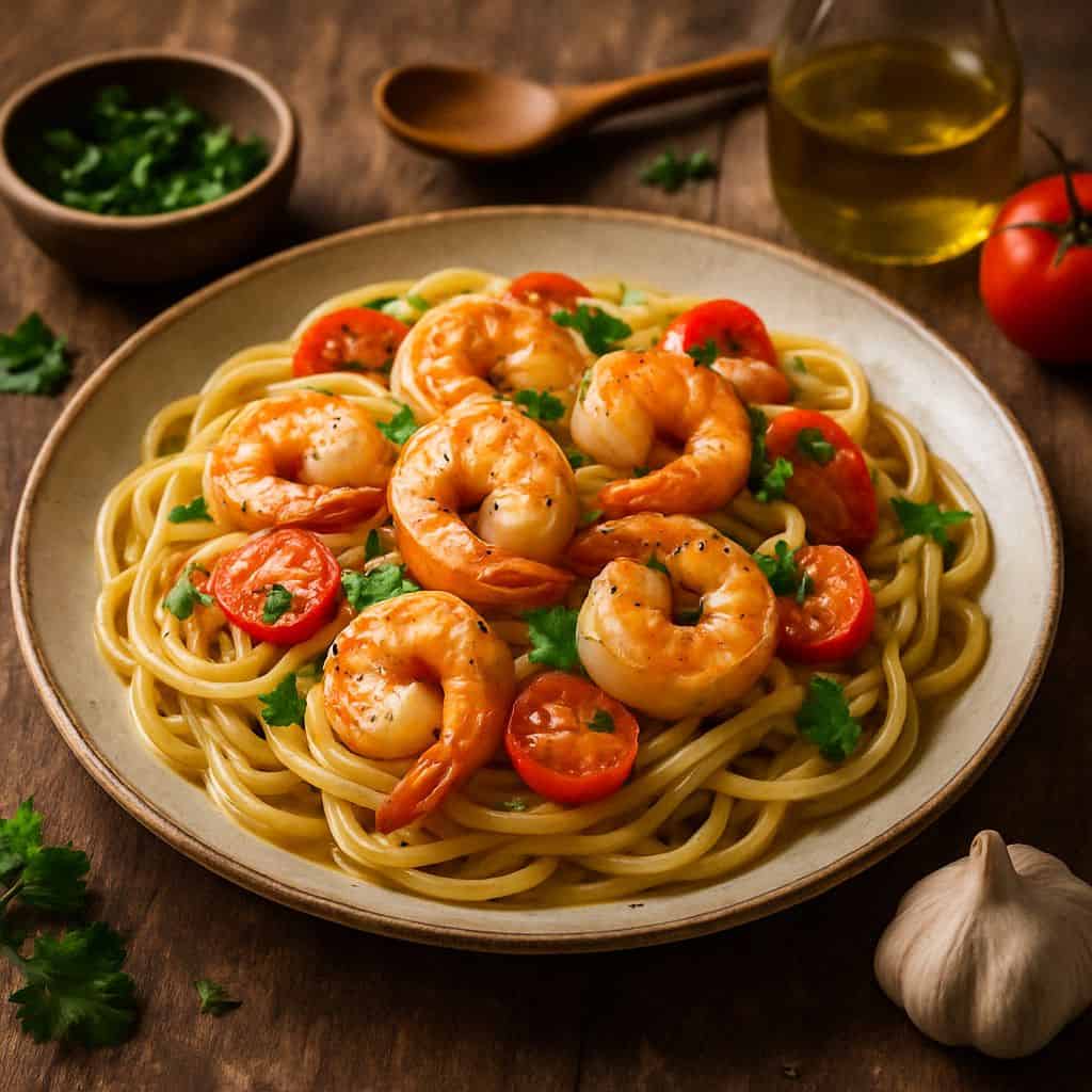 Pasta met garnalen en knoflookolie
