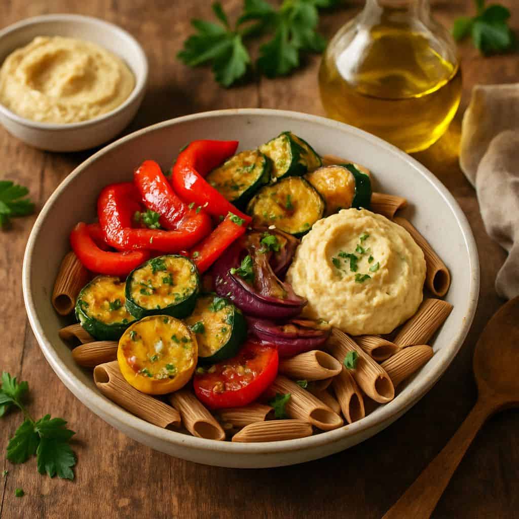 Pasta met gegrilde groenten en hummus