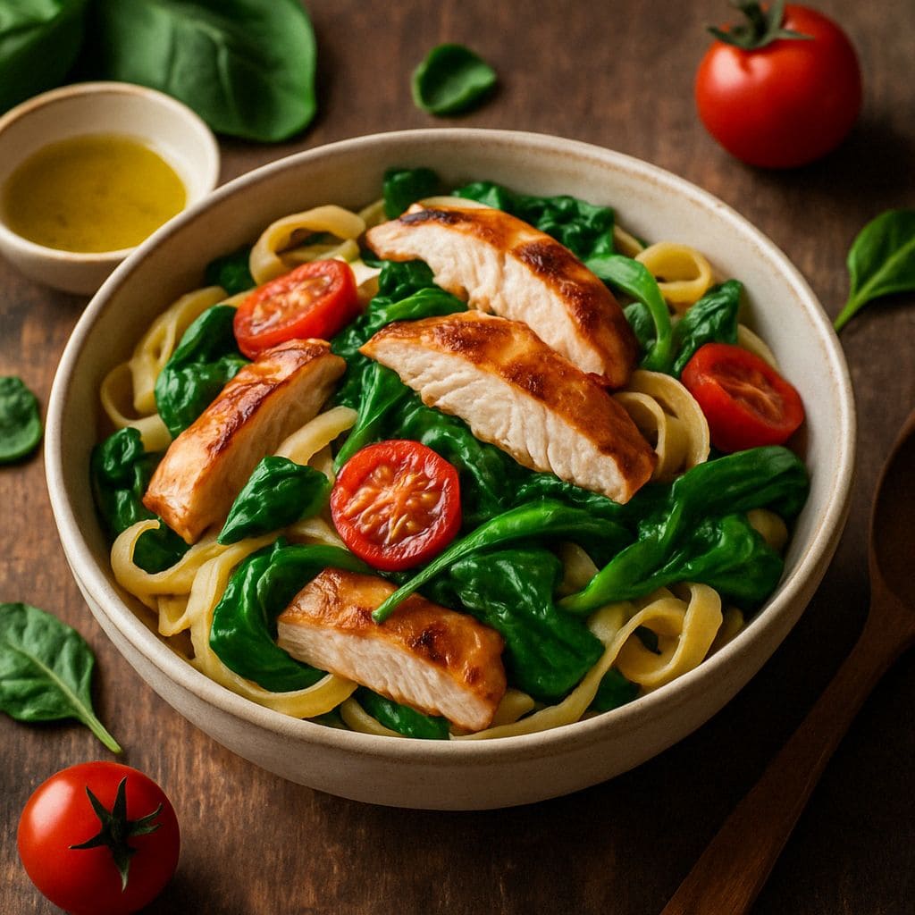 Pasta met gegrilde kip en spinazie