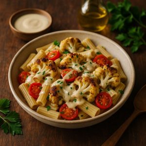 Pasta met geroosterde bloemkool en tahinsaus