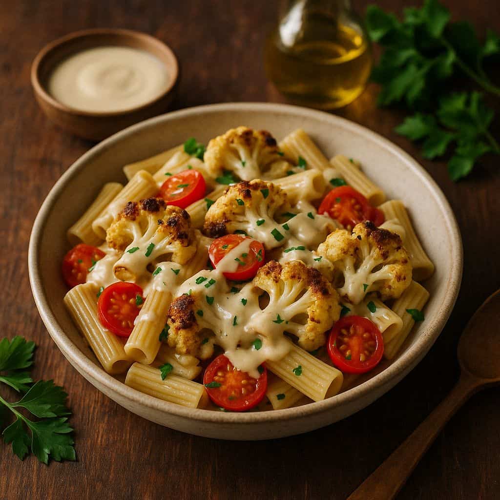 Pasta met geroosterde bloemkool en tahinsaus