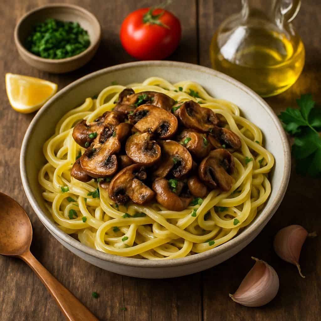 Pasta met geroosterde champignons en knoflook