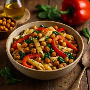 Pasta met geroosterde kikkererwten en paprika