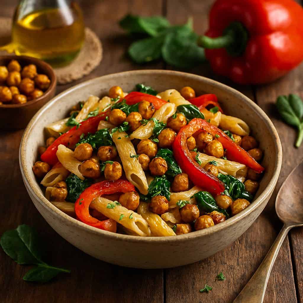 Pasta met geroosterde kikkererwten en paprika