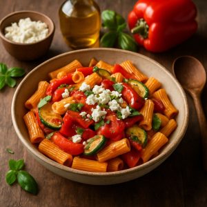 Pasta met geroosterde paprika en fetakaas
