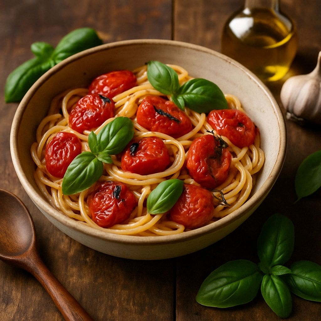 Pasta met geroosterde tomaat en basilicum