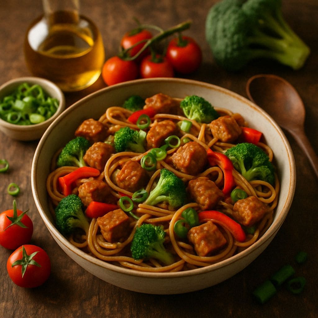 Pasta met tempeh en sojasaus