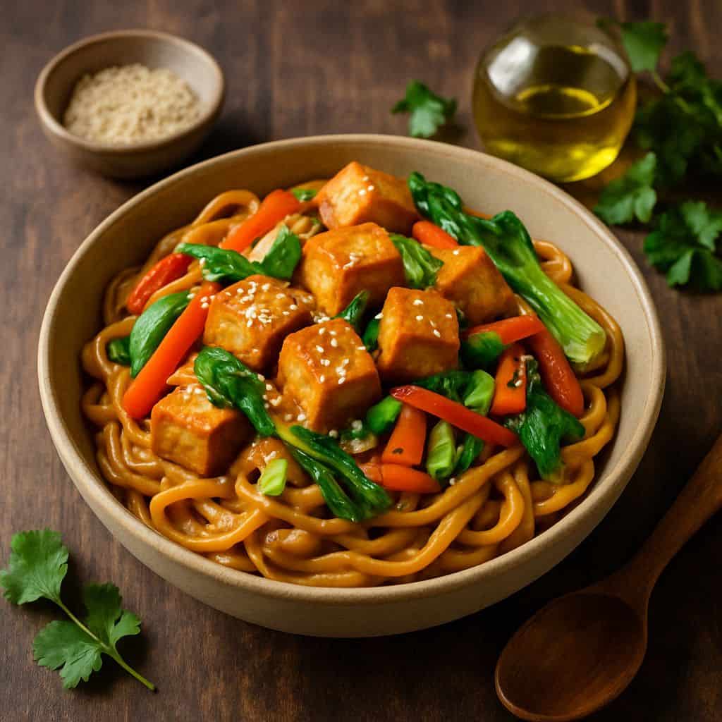 Pasta met tofu en pittige pindasaus