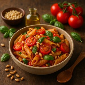 Pasta met tomaat, basilicum en pijnboompitten