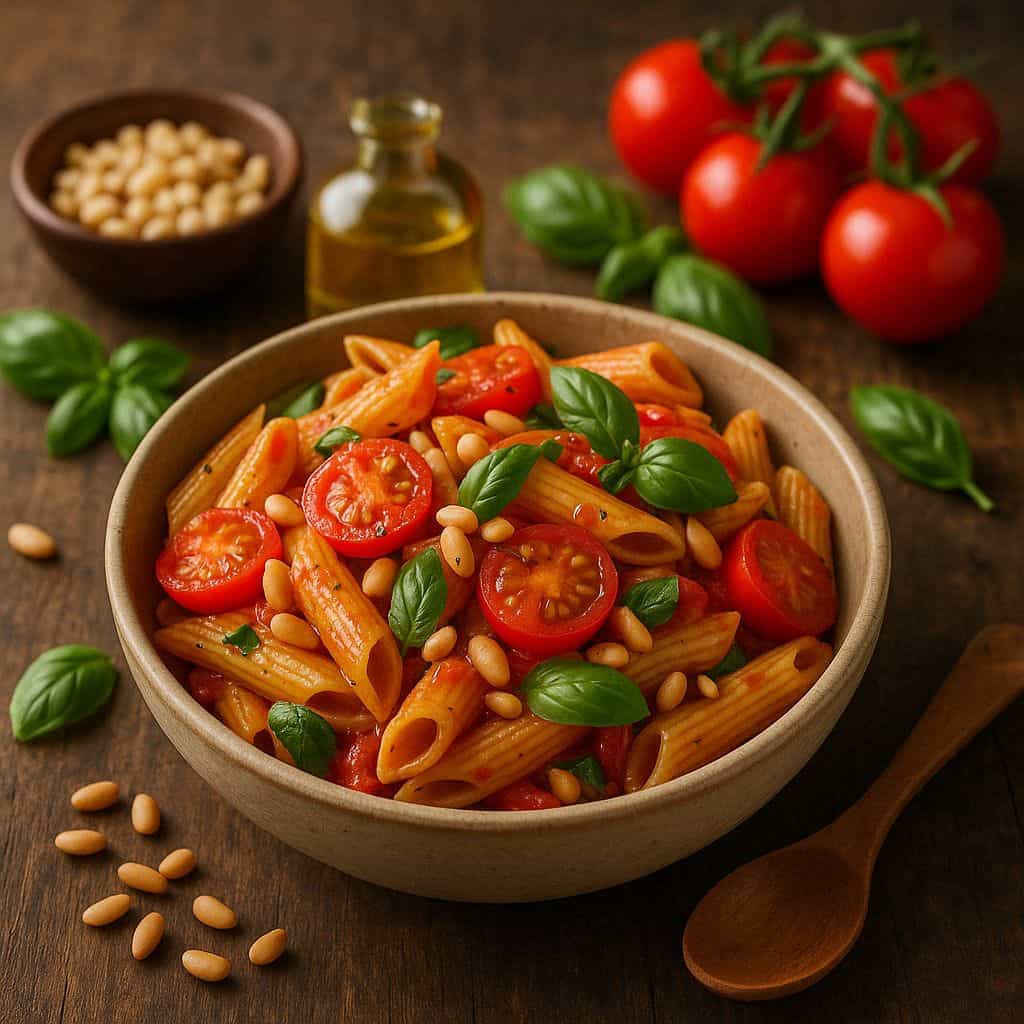 Pasta met tomaat, basilicum en pijnboompitten
