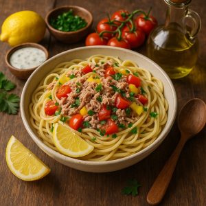 Pasta met tonijn en citroen-yoghurtsaus