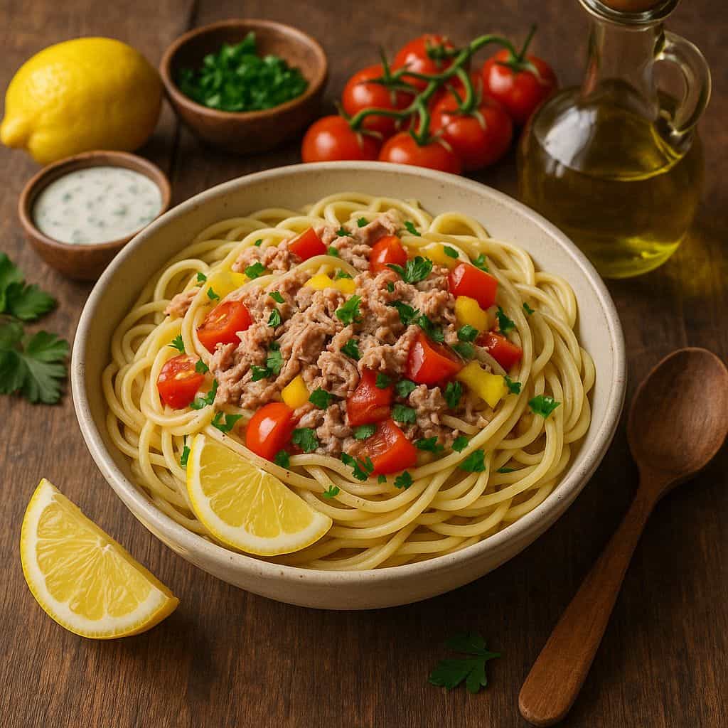 Pasta met tonijn en citroen-yoghurtsaus