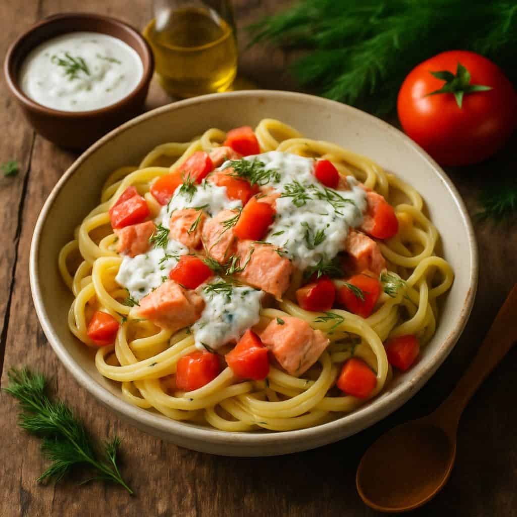 Pasta met zalm, dille en yoghurtsaus